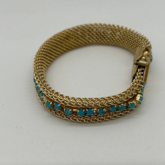 Vintage Gold-Tone Mesh Bracelet Faux Turquoise Stones Secure Clasp 1970s - Picture 9 of 16